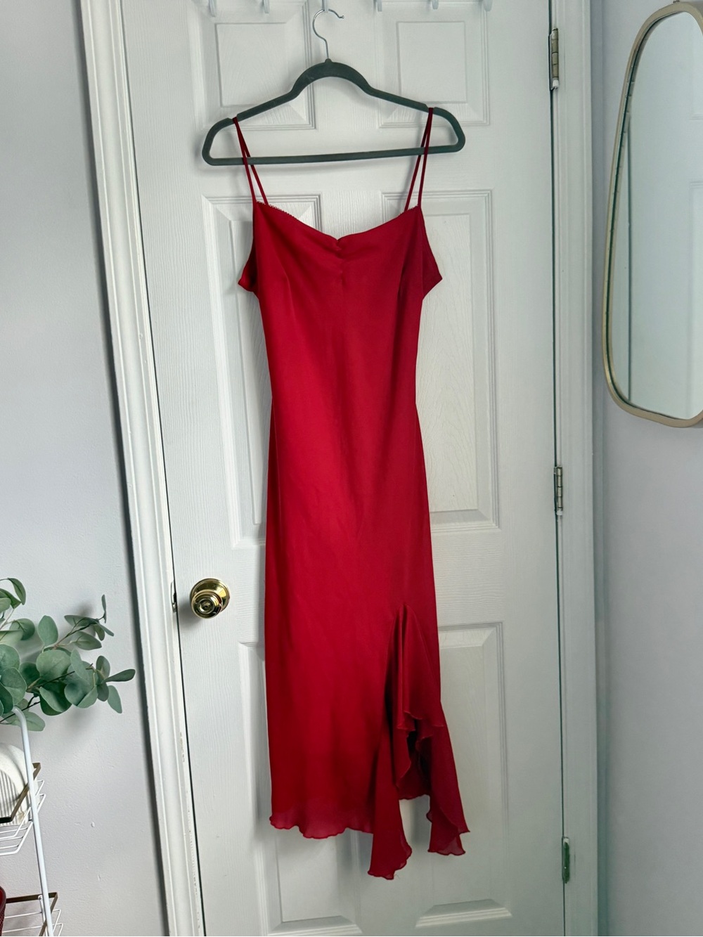 H&M Red Asymmetrical Ruffle Slip Dress Spaghetti Strap Size 42
